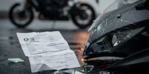 Verfrommeld goedkoop verzekeringsdocument naast beschadigde motorfiets-kuip op nat asfalt, met gebroken spiegelscherven.