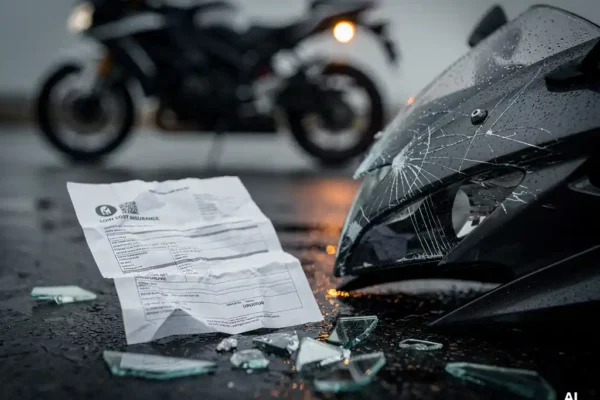 Verfrommeld goedkoop verzekeringsdocument naast beschadigde motorfiets-kuip op nat asfalt, met gebroken spiegelscherven.