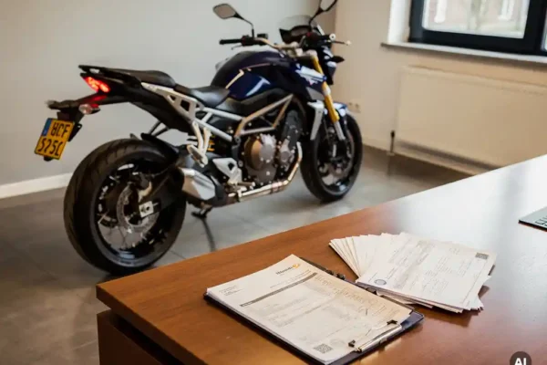 Geïmporteerde motor met buitenlands kenteken in een Nederlands verzekeringskantoor, met importdocumenten op een bureau.