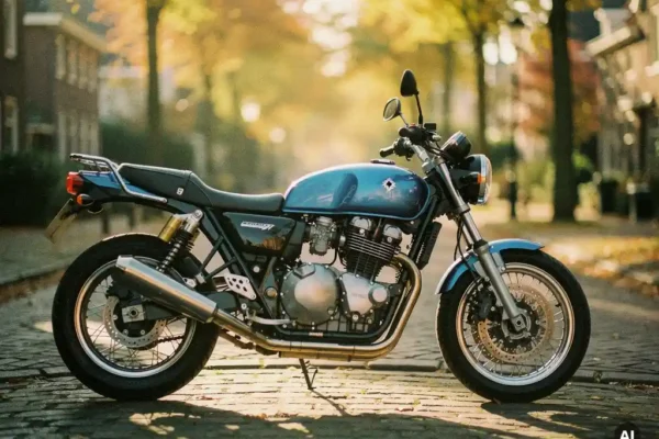 Glanzende motorfiets op een Hollandse kasseienstraat met deuk op de tank, gouden middaglicht en onscherpe herfstbomen op de achtergrond.