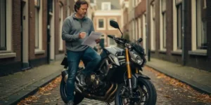 Motorrijder leunt tegen zijn motor op een Hollandse kinderkopjesstraat, houdt officieel document vast tussen herfstbladeren.