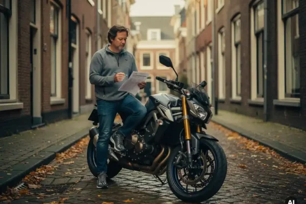 Motorrijder leunt tegen zijn motor op een Hollandse kinderkopjesstraat, houdt officieel document vast tussen herfstbladeren.