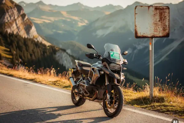 Motorfiets geparkeerd bij een verouderd Europees verkeersbord op een bergpas, met een groene internationale verzekeringskaart onder de ruit.