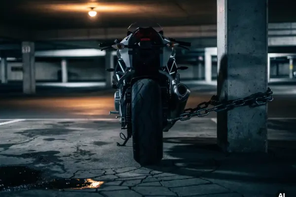 Motorfiets beveiligd met zware kettingslot aan betonnen pijler in donkere parkeergarage, dramatisch tegenlicht.