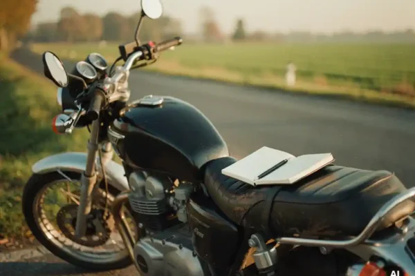 Motorfiets langs een Nederlandse landweg met een opengeslagen notitieboekje met handgeschreven kostencalculaties op het leren zadel.