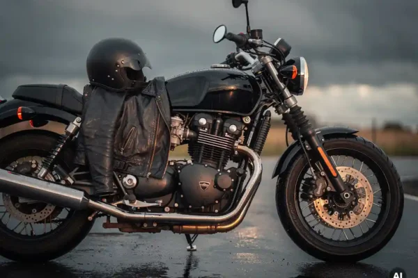 Zwarte heavyweight motorfiets op nat asfalt met leren jas en helm op het zadel onder bewolkte lucht.