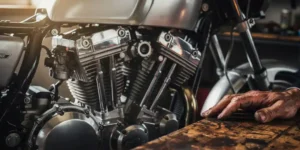 Chromen motorfietsmotor onder open tankdeksel, verlicht door zijdelings daglicht, met verweerde hand van monteur op houten werkbank.