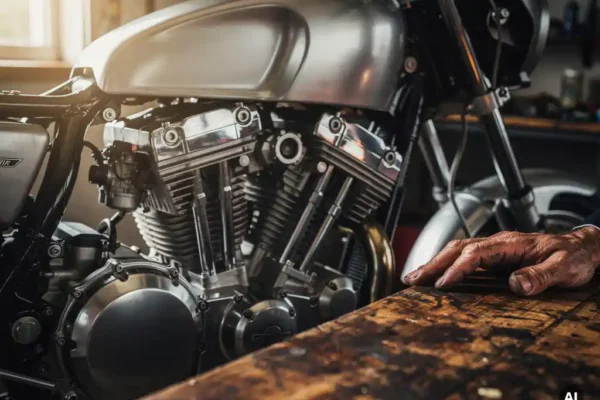 Chromen motorfietsmotor onder open tankdeksel, verlicht door zijdelings daglicht, met verweerde hand van monteur op houten werkbank.