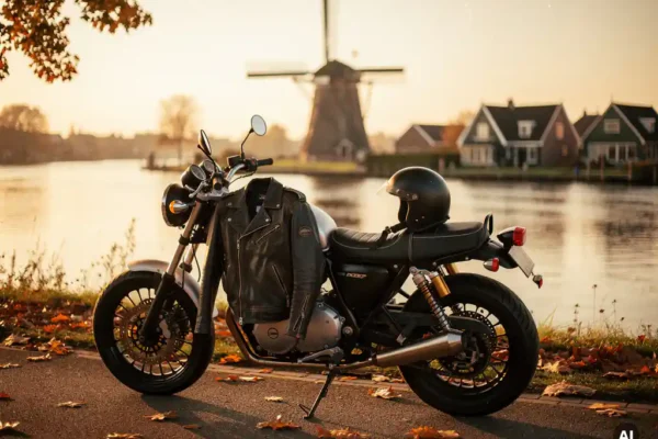 Motor geparkeerd langs Nederlandse weg in gouden middaglicht, leren jas en helm op zadel, herfstbladeren op asfalt, kanaal en molen op achtergrond.