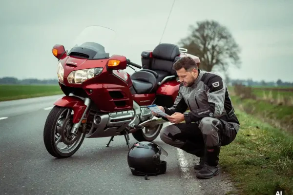 Motorrijder naast een pechgevallen rode toermotor op Nederlandse wegkant, raadpleegt verzekeringsdocument, bewolkt daglicht.