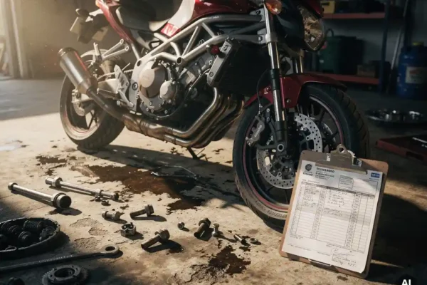 Beschadigde motorfiets met reparatie-onderdelen en kostenschatting op klembord op betonnen garagevloer.