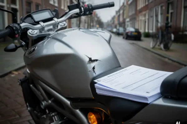 Glanzende motorfiets op een Nederlandse straat met een deuk en kras op de benzinetank, verzekeringsdocument tegen het zadel.