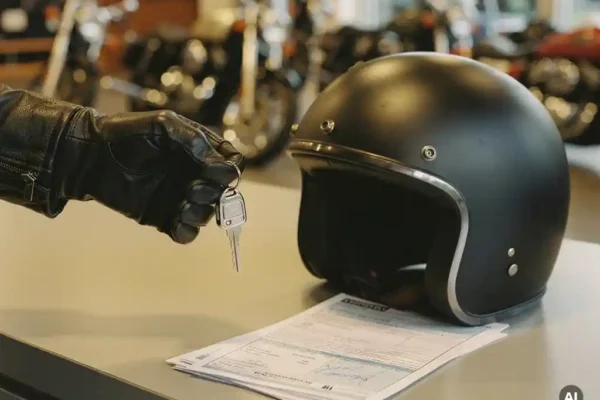 Motorrijder met handschoen houdt nieuwe sleutels vast naast klassieke helm op dealertoonbank, verzekeringsdocumenten zichtbaar.
