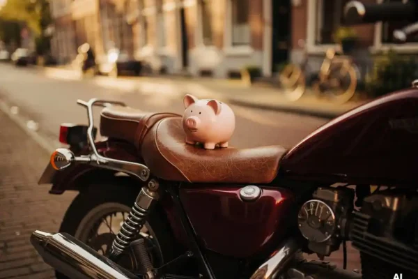 Spaarpot op het zadel van een geparkeerde motor in een Nederlandse straat, warm gouden middaglicht met zachte bokeh op bakstenen achtergrond.