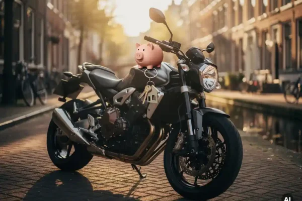 Glanzende motorfiets op een zonnige Nederlandse straat met een spaarpot en sleutels op het leren zadel.
