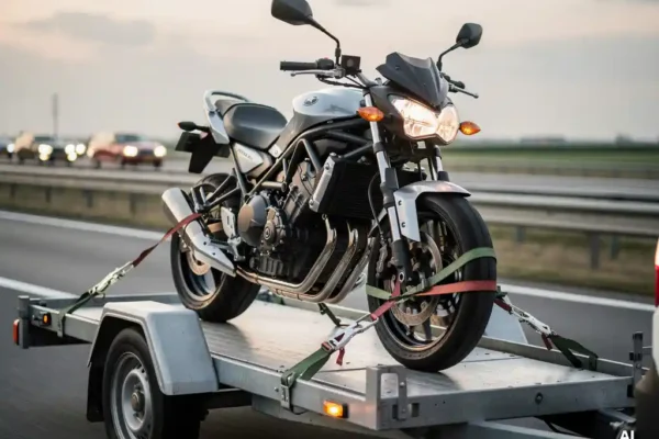 Motor vastgebonden met spanriemen op een dieplader, getransporteerd over een Nederlandse snelweg in zacht middaglicht.