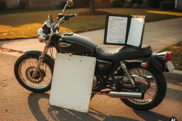 Motorfiets te koop op oprit met verzekeringsdocumenten op het zadel, gouden herfstlicht en chrome details op de voorgrond.