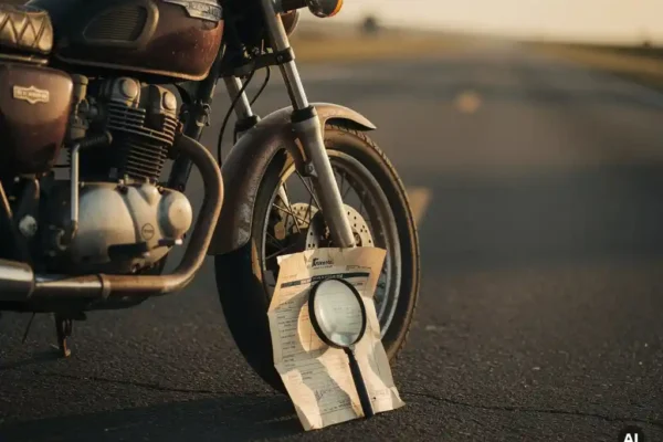 Verweerde motorfiets op asfalt met verfrommeld verzekeringsdocument en vergrootglas bij het voorwiel, gouden middaglicht.