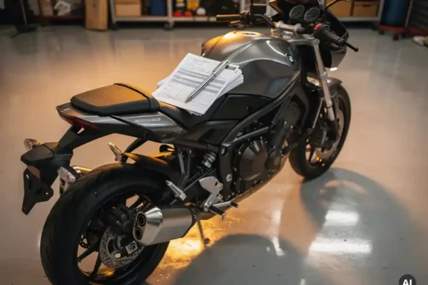 Nieuwe motorfiets in garage met verzekeringsdocumenten en pen op de tank, warm werkplaatslicht.