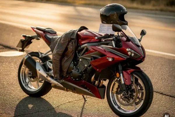 Rode sportmotor geparkeerd op asfalt bij gouden-uurlicht, met leren jack, helm en verzekeringsdocumenten op het zadel.