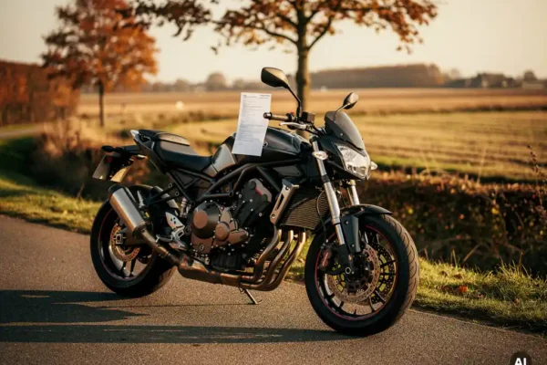 Motorfiets geparkeerd langs Nederlandse weg met verzekeringsdocument tegen de tank, herfstig landschap op de achtergrond in gouden middaglicht.