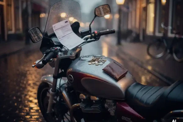 Motorfiets op natte Nederlandse straat met verfrommeld verzekeringsdocument, munten en versleten leren portemonnee op de benzinetank.