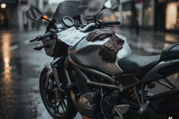 Glanzende motorfiets op natte stadsstraat met verkreukeld verzekeringsdocument onder windscherm en versleten leren handschoenen op tank.