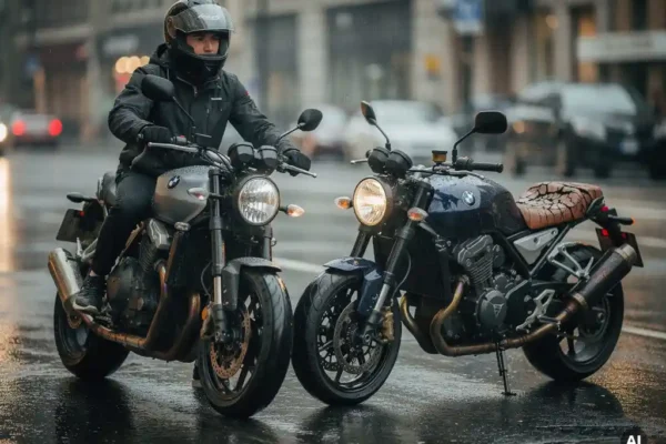 Twee vrijwel identieke motorfietsen naast elkaar op een natte stadsstraat, één met helmgedragen rijder, de ander met verweerd zadel en aangepaste uitlaat.