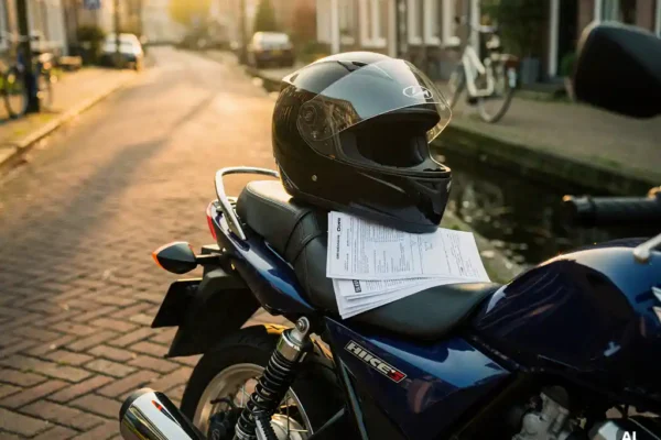 Nieuw motorhelm op het zadel van een beginner motorfiets op een Nederlandse straat, met verzekeringsdocument, in warm ochtendlicht.