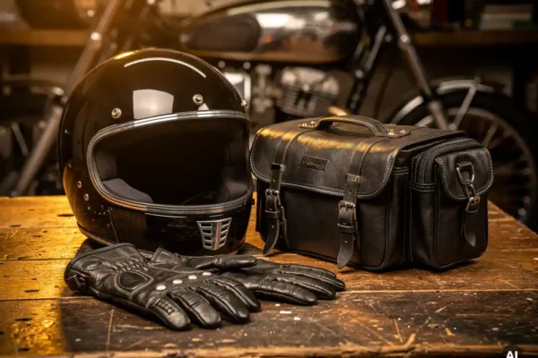 Motorhelm, leren handschoenen, zadeltassen en tanktas op een verweerde werkbank, met een klassieke motor op de achtergrond.