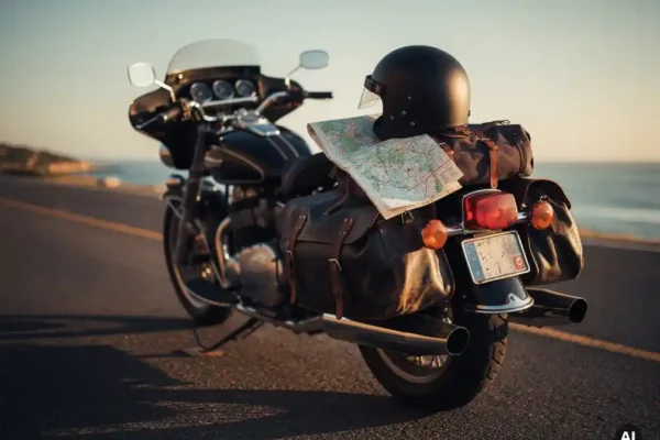 Motorhelm en gevouwen wegenkaart op een leren zadeltas van een toermotor geparkeerd op een zonnige kustweg bij gouden uurstemming.