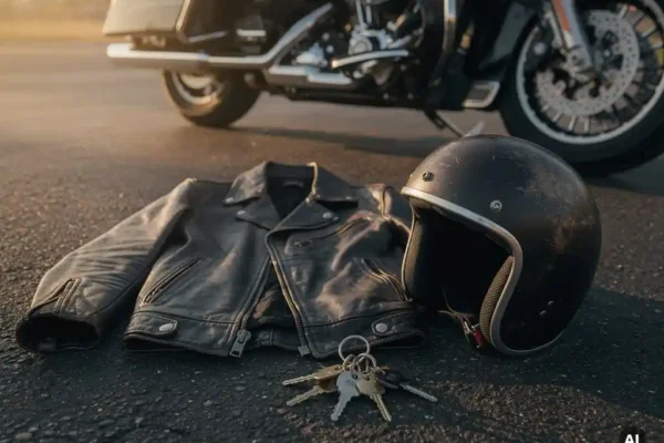 Verweerd leren motorjack, vintage helm en sleutels op asfalt naast een toermotor in gouden middaglicht.