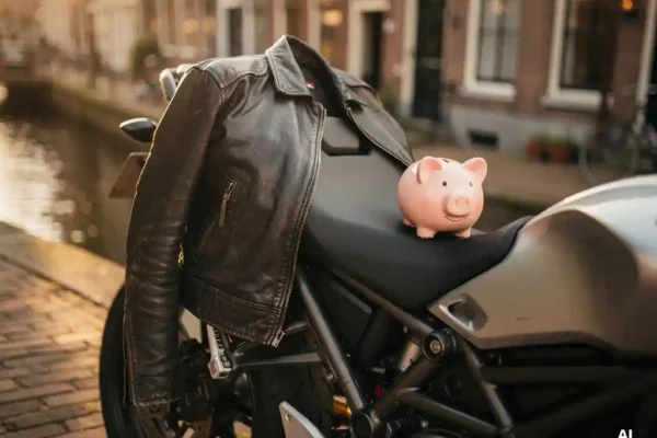 Verweerde leren motorjas over een moderne motor op een zonnige Nederlandse straat, met een spaarpot op de zadel.