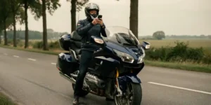 Motorrijder belt aan de kant van een Nederlandse weg naast een tourmotor met lichte schade aan de kuip.