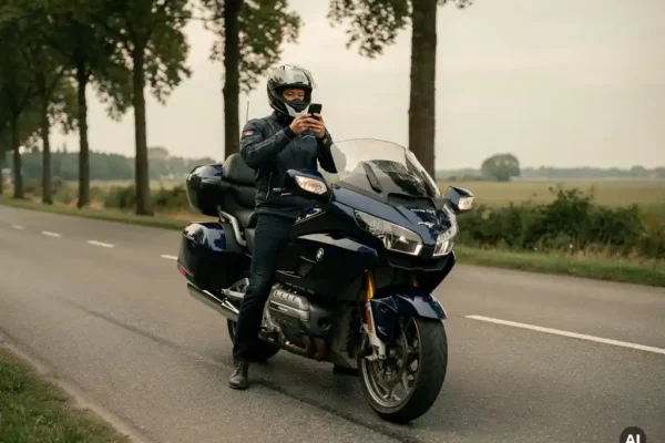 Motorrijder belt aan de kant van een Nederlandse weg naast een tourmotor met lichte schade aan de kuip.