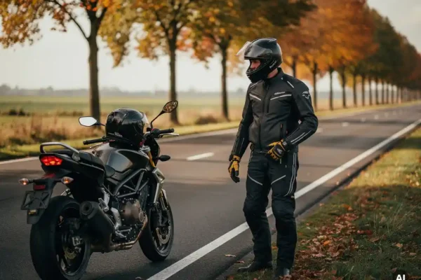 Motorrijder in rijkleding staand naast geparkeerde motor op Nederlandse weg, helm op zadel, herfstlicht door bomen.