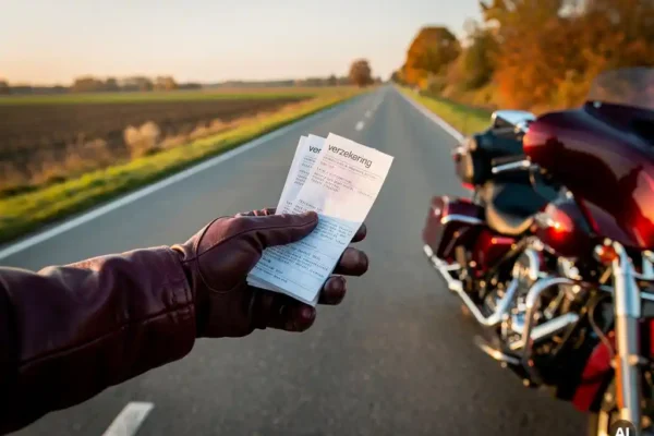 Motorrijder met leren handschoen houdt verzekeringsdocumenten vast naast een toermotor op een Nederlandse weg in herfstig goudenlichtuur.