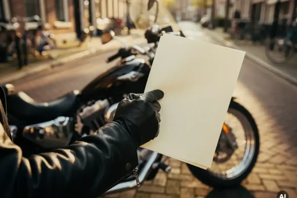Motorrijder in leren jas houdt verzekeringsdocument vast naast geparkeerde motor op zonnige Nederlandse straat.