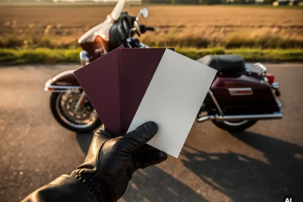 Motorrijder met leren handschoen houdt drie verzekeringsdocumenten vast op een Nederlandse landweg tijdens gouden uur.
