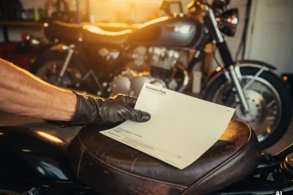 Motorrijder in leren handschoenen leest verzekeringspolis op verweerde zadel, klassieke motor zichtbaar op achtergrond in garage.