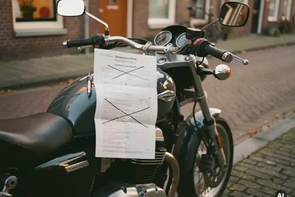 Motor geparkeerd op Hollandse klinkerstraat met openvouwen verzekeringsdocument waarop een dekking is doorgestreept, herfstlicht op chroom.