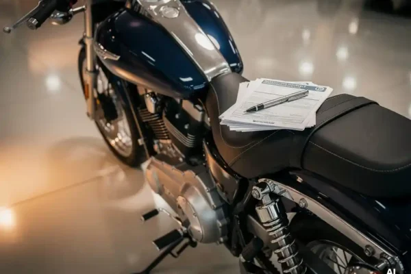 Nieuwe marineblauwe motorfiets in showroom met verzekeringsdocumenten en pen op het leren zadel.