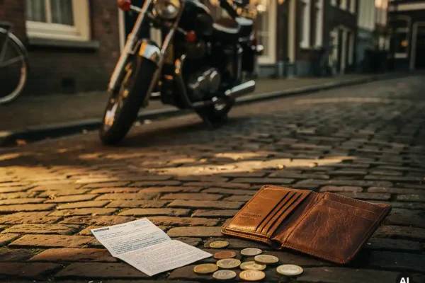 Motor geparkeerd op een Hollandse kasseienstraat naast een open leren portemonnee met euromunten en een verzekeringsdocument.