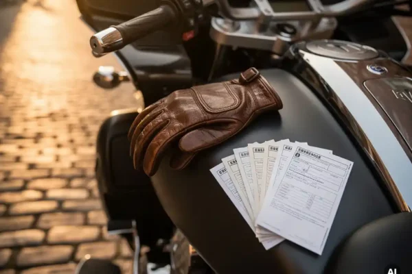 Versleten leren motorhandschoen op een benzinetank naast verzekeringsdocumenten, met een toermotor op een zonnig kasseienstraatje op de achtergrond.