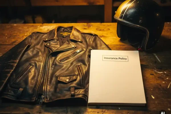 Versleten leren motorjas naast een verzekeringsdocumentmap op een rustieke werkbank, met een klassieke helm op de achtergrond.