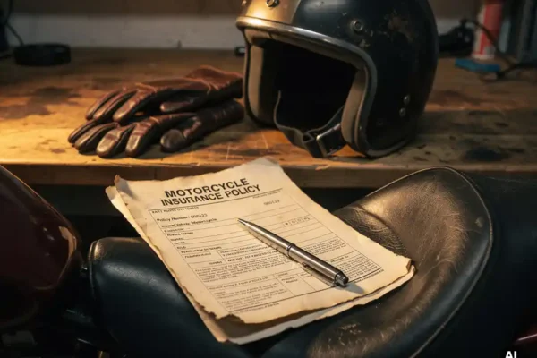 Motorverzekeringsdocument op leren zadel met pen, helm en handschoenen op werkbank in warme amberkleurige belichting.