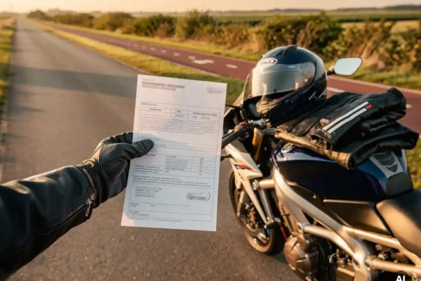 Motorrijder houdt verzekeringspolis vast naast glanzende motor op zonnige Nederlandse weg, helm en rijjas op zadel.