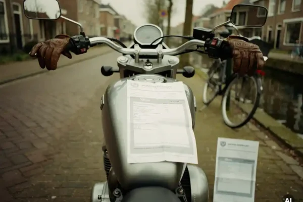 Motor geparkeerd op Nederlandse straat met verfrommeld verzekeringsdocument tegen de benzinetank, lederen handschoenen op het stuur.