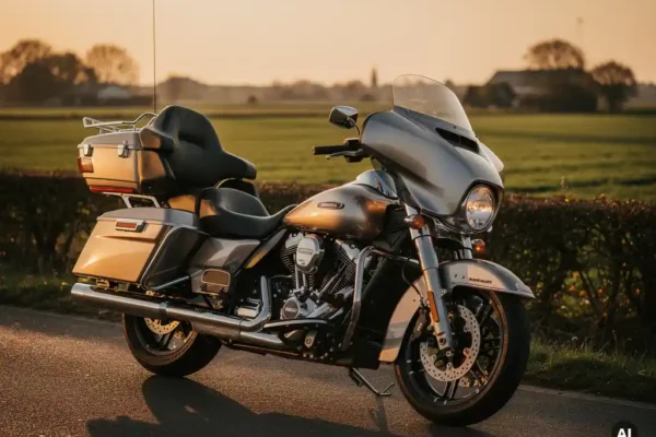 Toermotor met zijkoffers geparkeerd op een landweg in het Nederlandse polderlandschap tijdens het gouden uur.