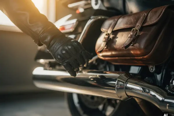 Gehandschoende hand die chromen uitlaat van een touring motorfiets inspecteert, met lederen zadeltassen en stuur op de achtergrond.